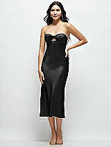 Front View Thumbnail - Black Strapless Bow-Bandeau Cutout Satin Midi Slip Dress