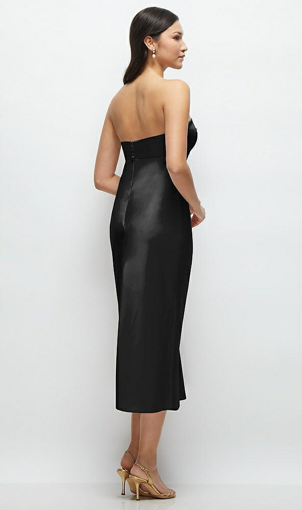 Back View - Black Strapless Bow-Bandeau Cutout Satin Midi Slip Dress