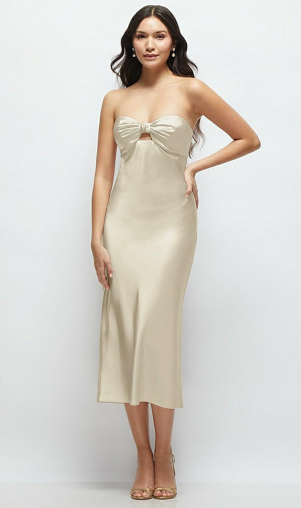 Front View - Champagne Strapless Bow-Bandeau Cutout Satin Midi Slip Dress