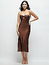 Front View Thumbnail - Cognac Strapless Bow-Bandeau Cutout Satin Midi Slip Dress
