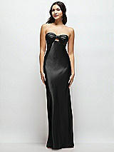 Front View Thumbnail - Black Strapless Bow-Bandeau Cutout Satin Maxi Slip Dress