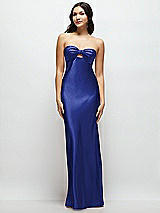 Front View Thumbnail - Cobalt Blue Strapless Bow-Bandeau Cutout Satin Maxi Slip Dress