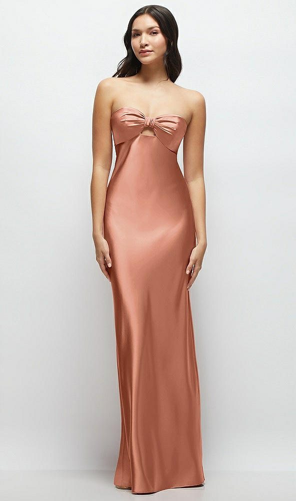 Front View - Copper Penny Strapless Bow-Bandeau Cutout Satin Maxi Slip Dress