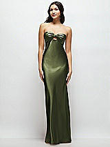 Front View Thumbnail - Olive Green Strapless Bow-Bandeau Cutout Satin Maxi Slip Dress