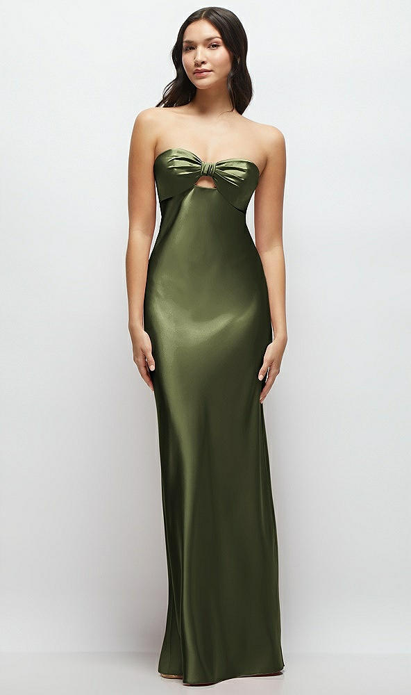 Front View - Olive Green Strapless Bow-Bandeau Cutout Satin Maxi Slip Dress