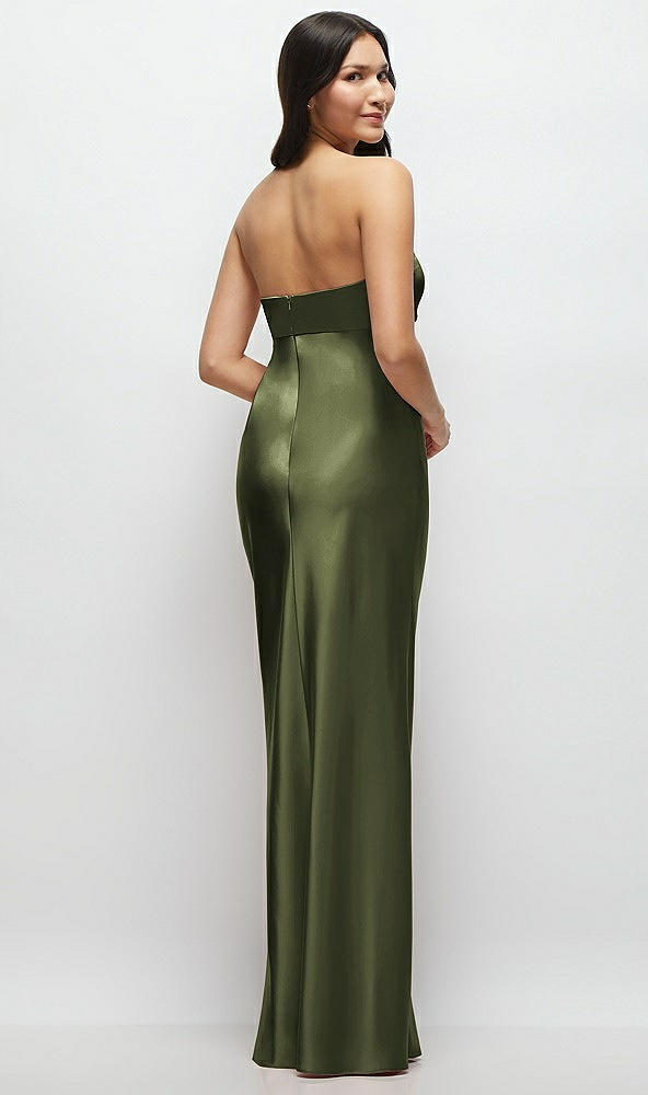 Back View - Olive Green Strapless Bow-Bandeau Cutout Satin Maxi Slip Dress