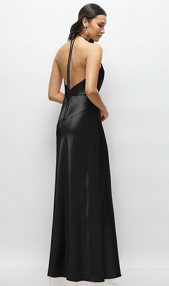 Back View - Black High Halter Tie-Strap Open-Back Satin Maxi Dress