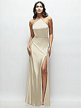 Front View Thumbnail - Champagne High Halter Tie-Strap Open-Back Satin Maxi Dress