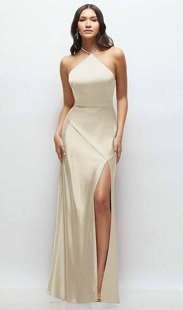 Front View - Champagne High Halter Tie-Strap Open-Back Satin Maxi Dress