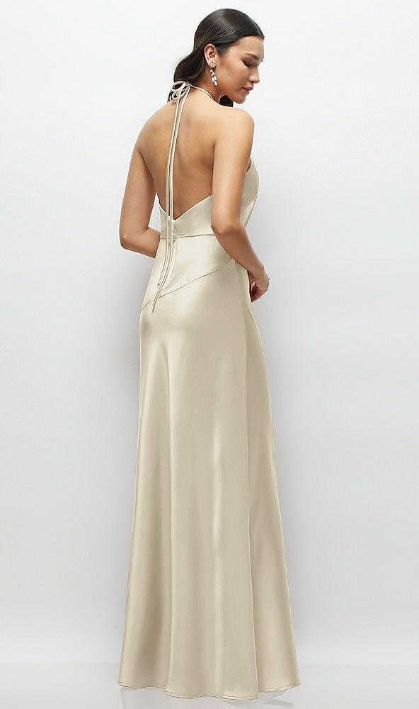 Back View - Champagne High Halter Tie-Strap Open-Back Satin Maxi Dress