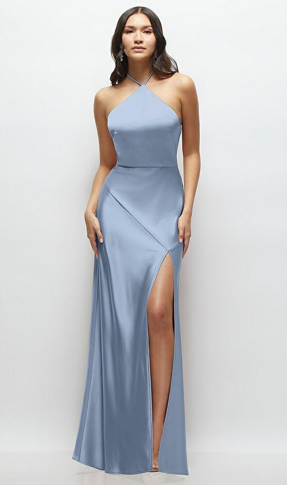 Front View - Cloudy High Halter Tie-Strap Open-Back Satin Maxi Dress