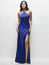 Front View Thumbnail - Cobalt Blue High Halter Tie-Strap Open-Back Satin Maxi Dress