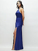 Side View Thumbnail - Cobalt Blue High Halter Tie-Strap Open-Back Satin Maxi Dress