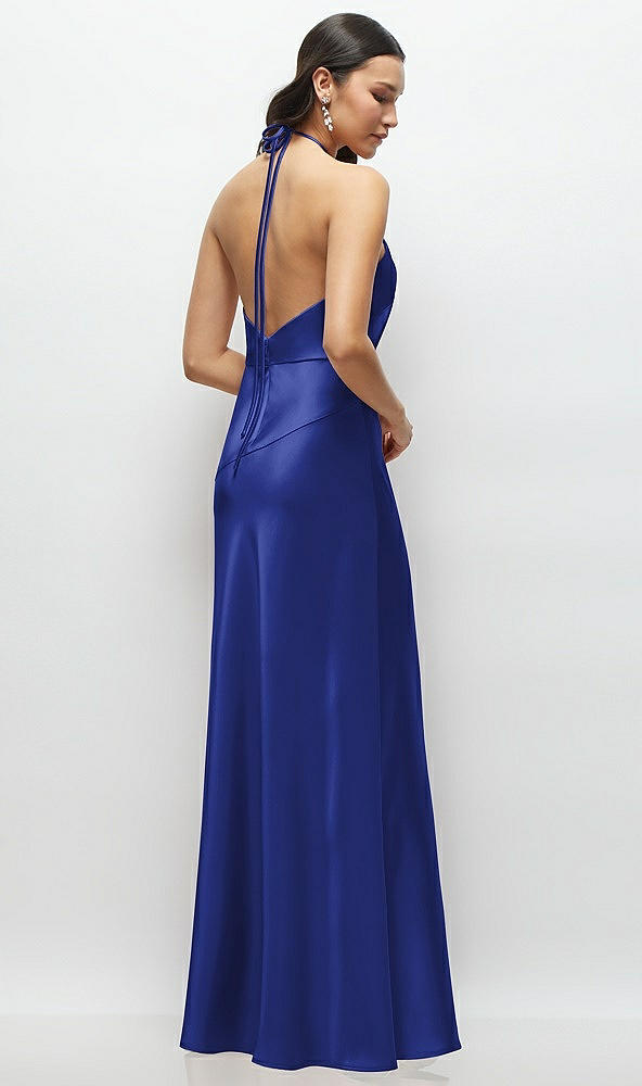 Back View - Cobalt Blue High Halter Tie-Strap Open-Back Satin Maxi Dress