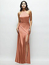 Front View Thumbnail - Copper Penny High Halter Tie-Strap Open-Back Satin Maxi Dress