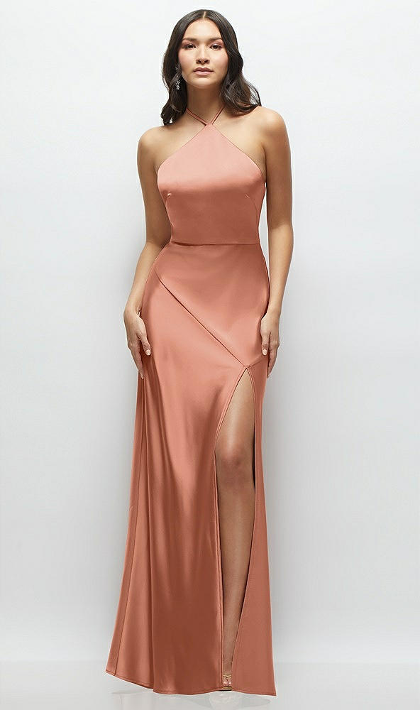 Front View - Copper Penny High Halter Tie-Strap Open-Back Satin Maxi Dress