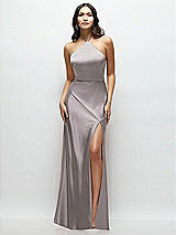 Front View Thumbnail - Cashmere Gray High Halter Tie-Strap Open-Back Satin Maxi Dress