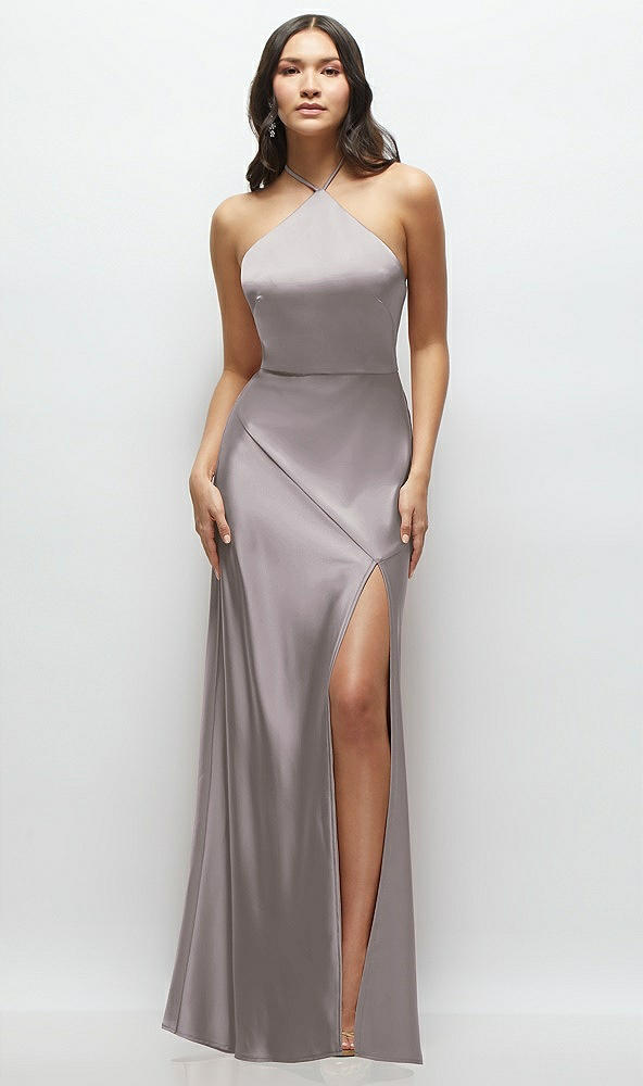 Front View - Cashmere Gray High Halter Tie-Strap Open-Back Satin Maxi Dress