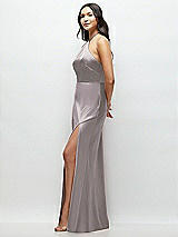Side View Thumbnail - Cashmere Gray High Halter Tie-Strap Open-Back Satin Maxi Dress