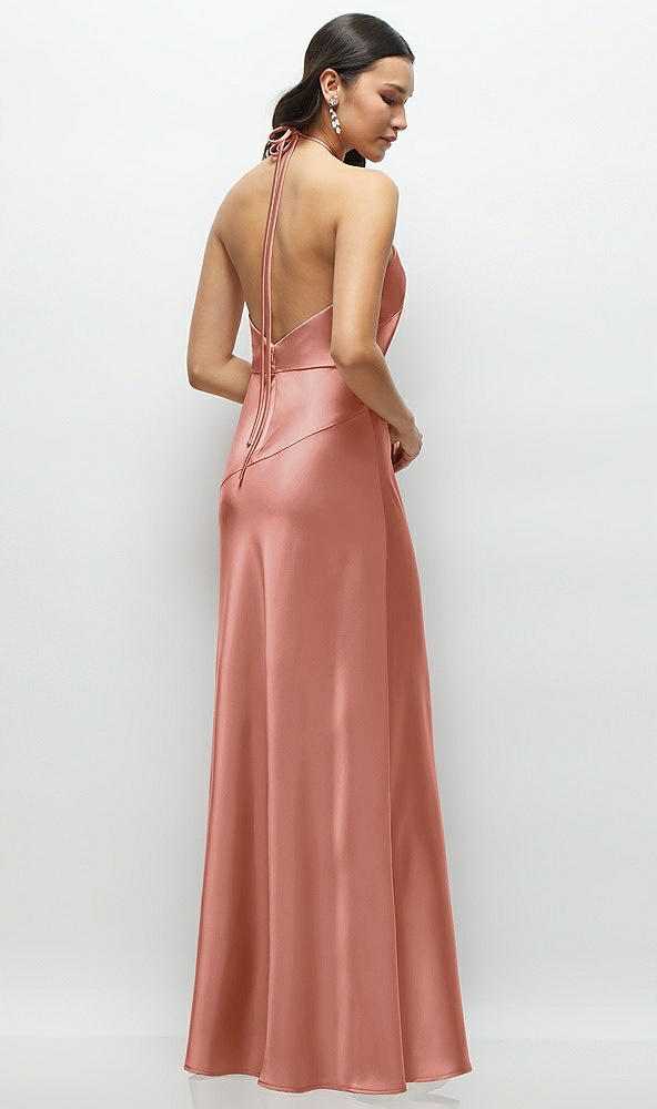 Back View - Desert Rose High Halter Tie-Strap Open-Back Satin Maxi Dress