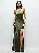 Front View Thumbnail - Olive Green High Halter Tie-Strap Open-Back Satin Maxi Dress