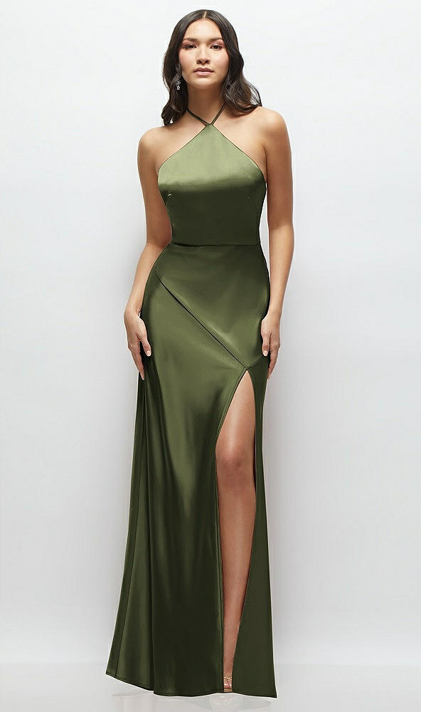Front View - Olive Green High Halter Tie-Strap Open-Back Satin Maxi Dress