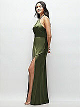 Side View Thumbnail - Olive Green High Halter Tie-Strap Open-Back Satin Maxi Dress