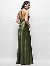 Rear View Thumbnail - Olive Green High Halter Tie-Strap Open-Back Satin Maxi Dress