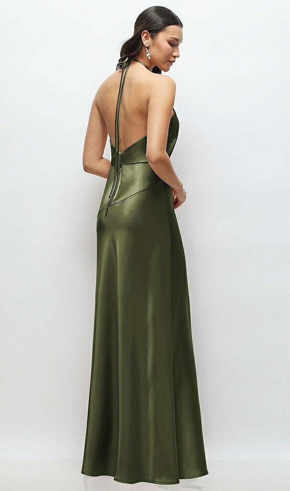 Back View - Olive Green High Halter Tie-Strap Open-Back Satin Maxi Dress