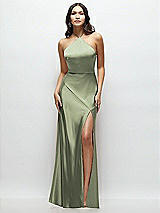 Front View Thumbnail - Sage High Halter Tie-Strap Open-Back Satin Maxi Dress