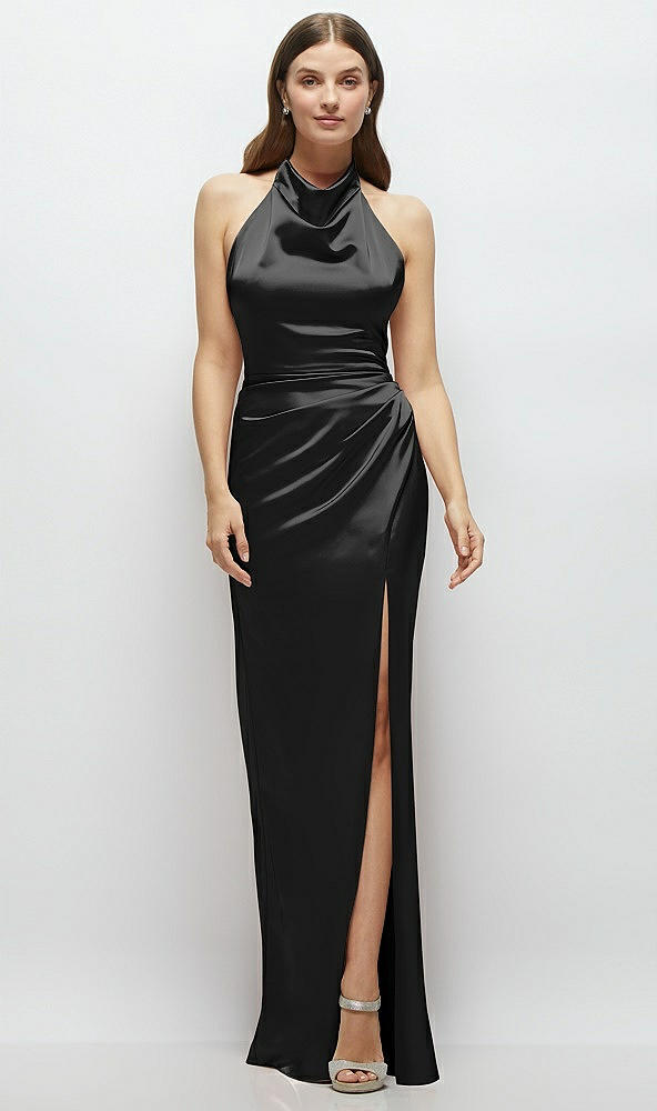 Front View - Black Cowl Halter Open-Back Satin Maxi Dress