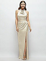 Front View Thumbnail - Champagne Cowl Halter Open-Back Satin Maxi Dress
