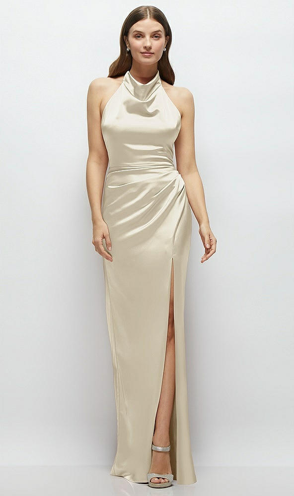Front View - Champagne Cowl Halter Open-Back Satin Maxi Dress