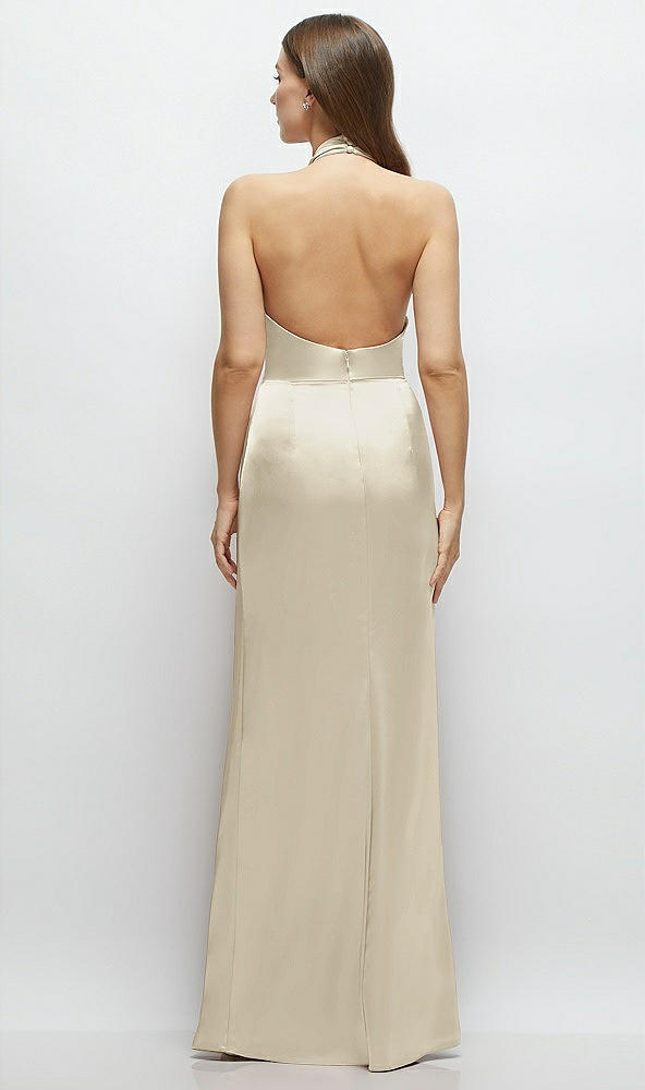 Back View - Champagne Cowl Halter Open-Back Satin Maxi Dress
