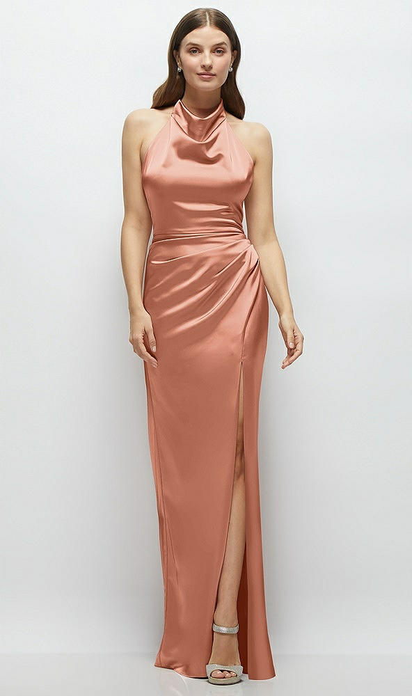 Front View - Copper Penny Cowl Halter Open-Back Satin Maxi Dress