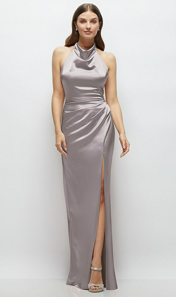 Front View - Cashmere Gray Cowl Halter Open-Back Satin Maxi Dress