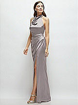Side View Thumbnail - Cashmere Gray Cowl Halter Open-Back Satin Maxi Dress