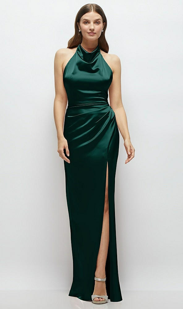 Front View - Evergreen Cowl Halter Open-Back Satin Maxi Dress
