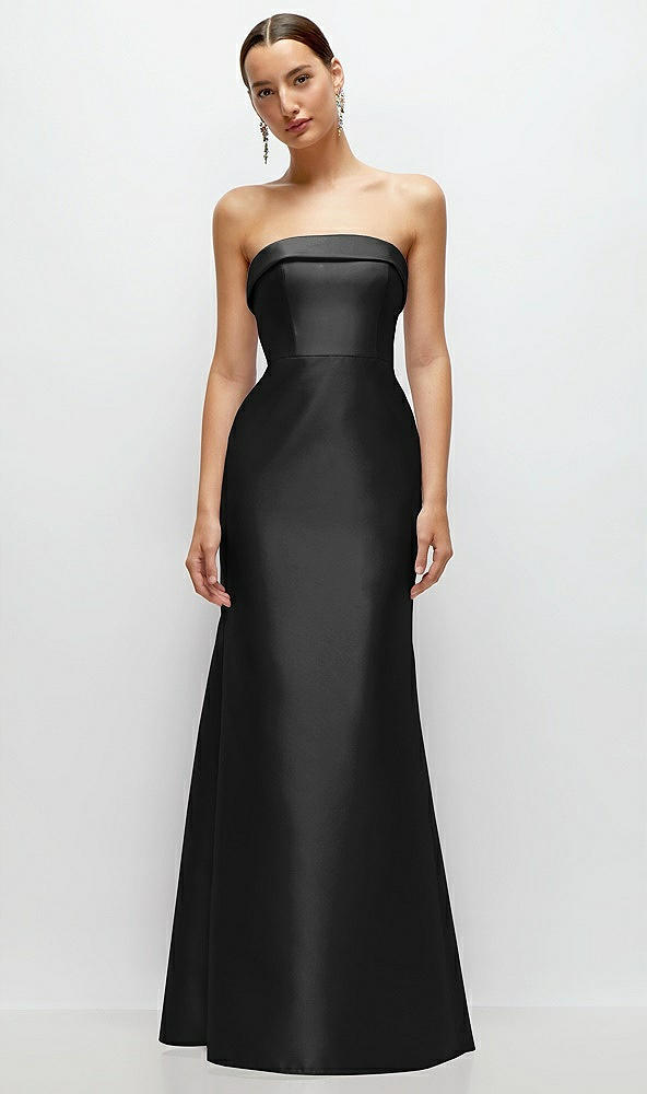 Front View - Black Strapless Cuff Neckline Satin Trumpet Gown