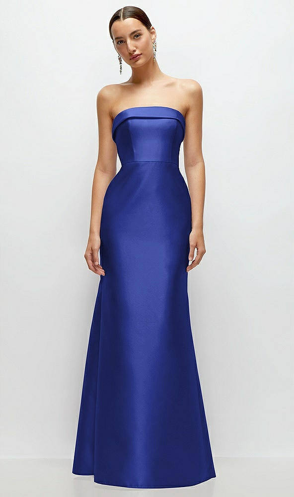 Front View - Cobalt Blue Strapless Cuff Neckline Satin Trumpet Gown