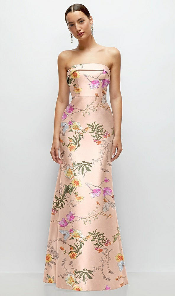 Front View - Butterfly Botanica Pink Sand Strapless Cuff Neckline Floral Satin Trumpet Gown