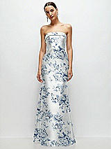 Front View Thumbnail - Cottage Rose Larkspur Strapless Cuff Neckline Floral Satin Trumpet Gown