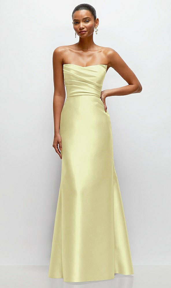 Front View - Butter Yellow Strapless Cat-Eye Draped Bodice Satin Tumpet Dress