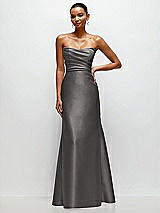 Front View Thumbnail - Caviar Gray Strapless Cat-Eye Draped Bodice Satin Tumpet Dress