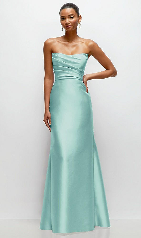 Front View - Coastal Strapless Cat-Eye Draped Bodice Satin Tumpet Dress