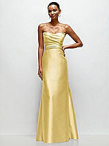 Front View Thumbnail - Maize Strapless Cat-Eye Draped Bodice Satin Tumpet Dress