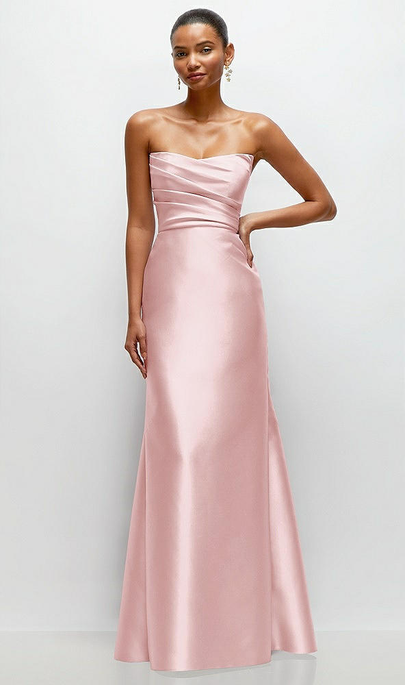 Front View - Ballet Pink Strapless Cat-Eye Draped Bodice Satin Tumpet Dress