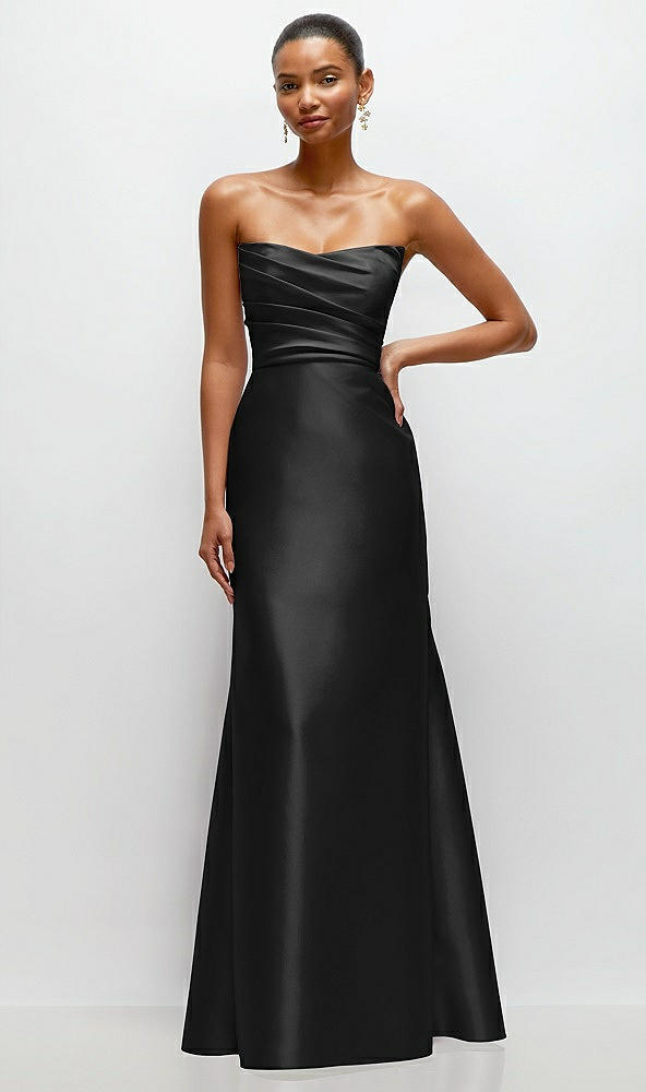 Front View - Black Strapless Cat-Eye Draped Bodice Satin Tumpet Dress