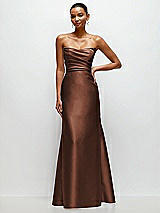 Front View Thumbnail - Cognac Strapless Cat-Eye Draped Bodice Satin Tumpet Dress