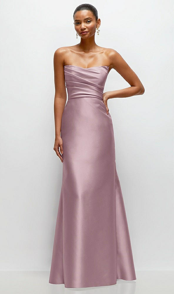 Front View - Dusty Rose Strapless Cat-Eye Draped Bodice Satin Tumpet Dress